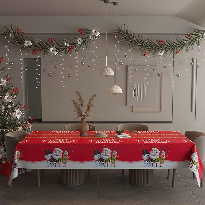 Fibevon Christmas Tablecloths, 2-Pack Rectangular Disposable New Year Tablecloth 54 by 110 inch Premium Table Covers with Elk Snowman and Santa Claus Plastic Tablecloth for Happy New Year Decor