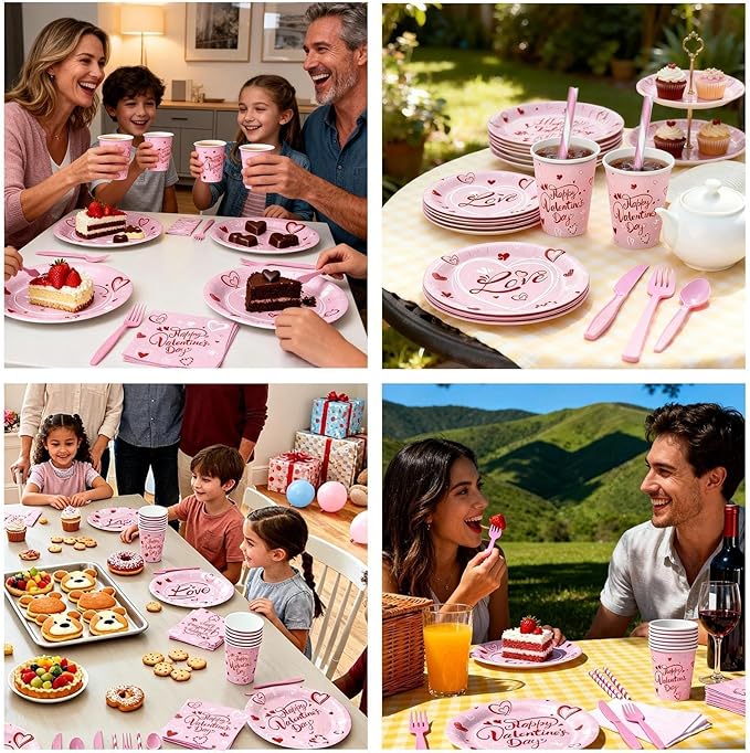 112PCS Valentine’s Day Heart Party Plates Supplies Love Pink Heart Party Tableware Decoration Disposable Paper Plates Napkins Forks for Graduation, Anniversary(Serves 16)