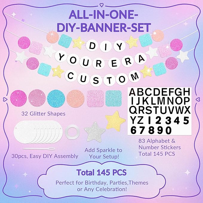 145 Pcs DIY Friendship Bracelet Birthday Banner, 5.4 ft Glitter in My Birthday Era Banner Era Tour Decorations for Classroom Party Supplies