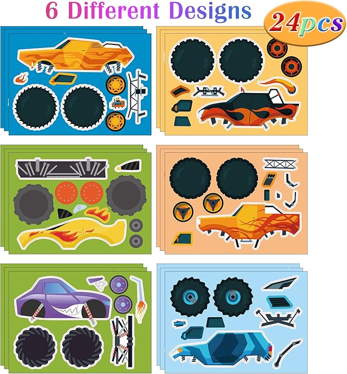 24 Sheets Monster Truck Make a Face Sticker Sheets for Kids Todders Activities, Make Your Own Stickers for Kids Birthday Party Favor Supplies Craft
