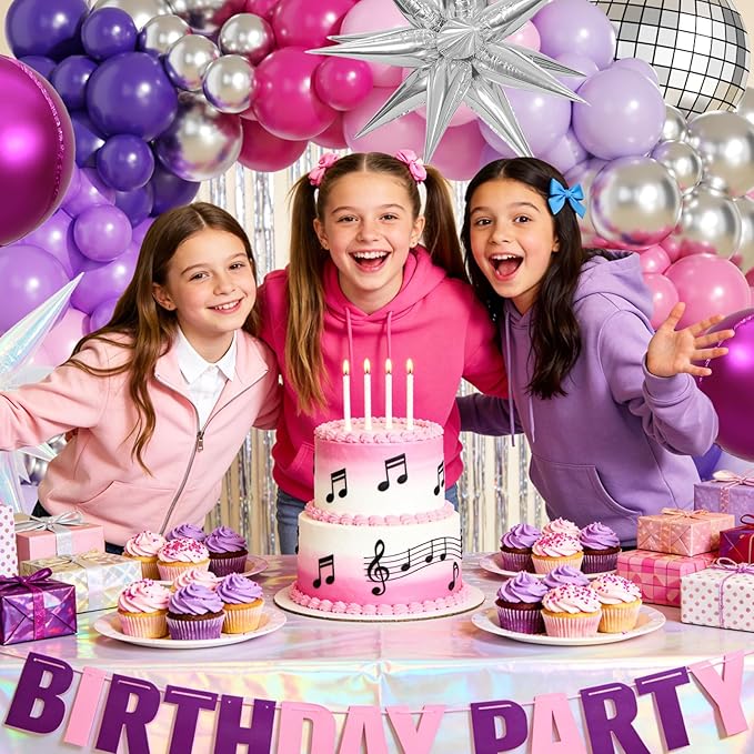 JOGAMS 172Pcs K-Pop Music Balloon Arch Kit, Metallic Silver Purple Pink Balloons Garland with Iridescent Star Disco Foils Balloons for Concert-Style Birthday Idol Showcase Fan Support Party Decor