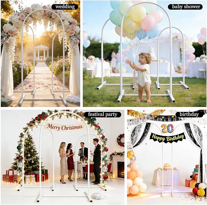 Metal Arch Backdrop Stand Set of 3, Heavy-Duty Balloons Arch Frame for Wedding Ceremony, Party, Baby Shower, Birthday Decorations (White, 7.2ft+6.6ft+6ft)