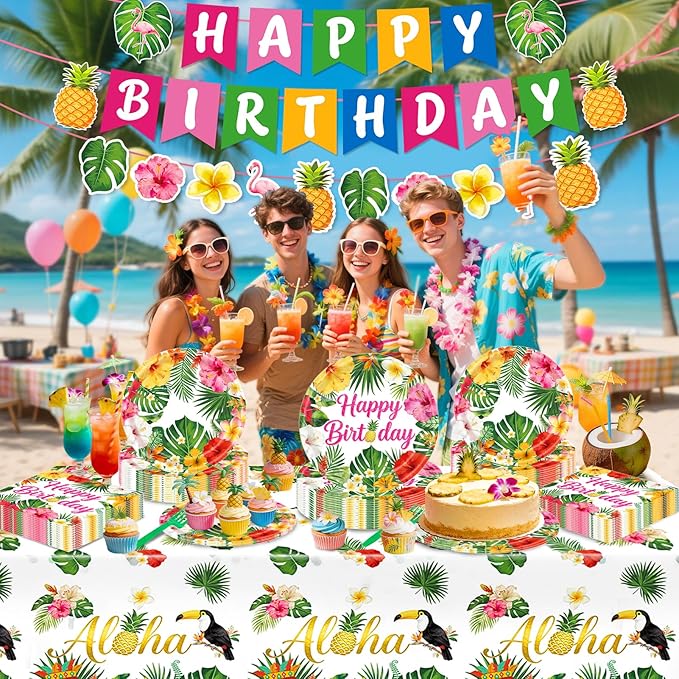 Hawaiian Birthday Party Decorations, 99Pcs Aloha Party Plates-Serve 24 With Birthday Banner Tablecloth Napkins Disposable Dinnerware Set for Hawaiian Birthdays Tropical Summer BBQ Party Decorations