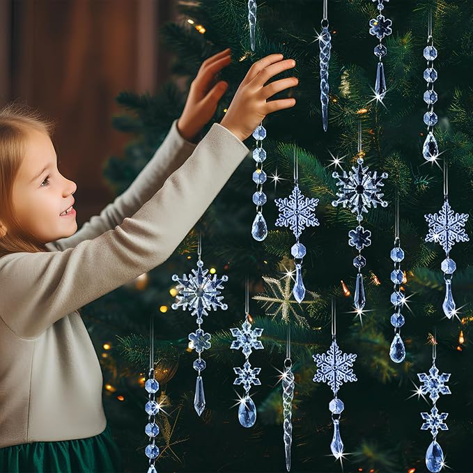 GuassLee 36pcs Crystal Christmas Tree Ornaments - Blue Acrylic Snowflake Icicle Drop Crystal Hanging Ornaments for Christmas Tree Wonderland Frozen Themed Birthday Party Decor