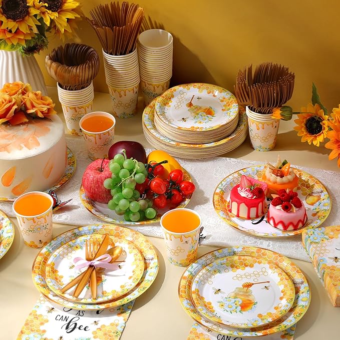 350 Pcs Baby Shower Party Supplies Sweet as Can Bee Paper Plates Napkins Cups and Plastic Cutlery Party Tableware Set for Honey Baby Shower Birthday Decorations, Serves 50