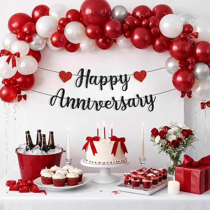 Pre-Strung Happy Anniversary Banner - No DIY - Black Glitter Wedding Anniversary Party Banner in Script - Pre-Strung Garland on 6 ft Strands - Wedding Decorations & Decor. Did We Mention No DIY