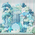 Under the Sea Party Decorations, 154pcs Slate Blue Mist Green Balloon Garland Arch Kit, Bubble Balloons with Dolphin Shark Hippocampus Foil Balloon for Ocean Birthday Party Supplies Shark Party Decor