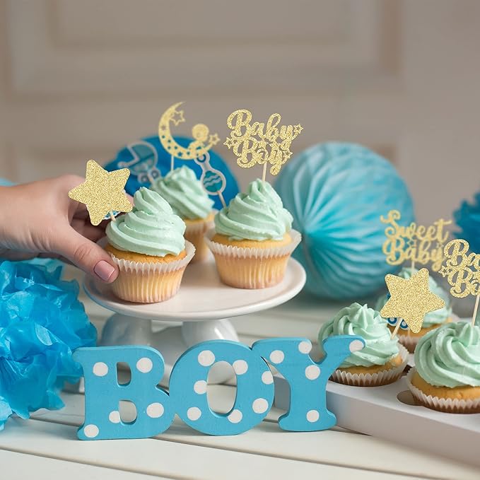 Gyufise 24Pcs Gold Baby Shower Boy Cupcake Toppers Glitter Star Moon Sweet Baby Cake Decorations Baby Boy Cupcake Picks for Baby Shower Boys Birthday Party Decorations Supplies