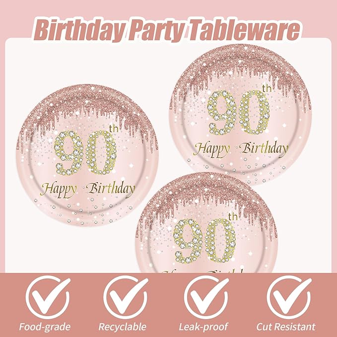 90th Rose Gold Birthday Plates and Napkins, 9 Inch Pink Rose Gold Disposable Dinner Dessert Plates Happy 90th Birthday Party Supplies Decorations for Girls Women