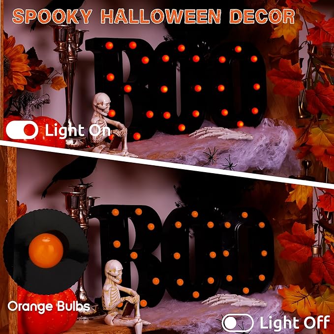 Halloween Decorations Indoor Outdoor - Boo Light Up Letters Sign, Battery Powered Marquee Light Halloween Decor for Fireplace Mantel, Window, Porch, Party Home Decor(Black)