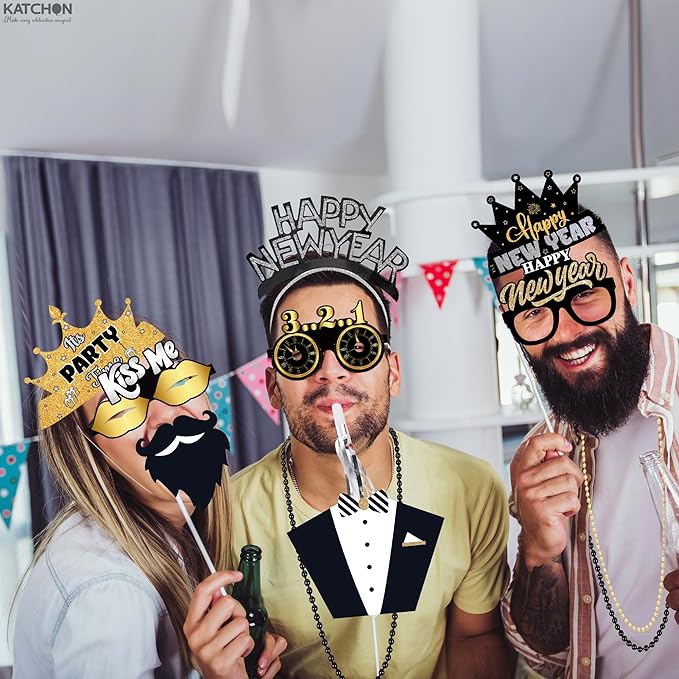 KatchOn, New Years Eve Party Favors - Pack of 74 | Happy New Year Glasses, Photo Props, Hats and Noise Makers | New Years Headband 2026, New Year's Eve Party Supplies for Happy New Year Decorations