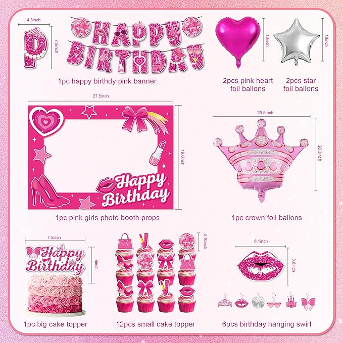 72PCS Pink Birthday Decorations for Girls, Pink Theme Party Supplies with Photo Booth Props & Selfie Frame Set, Banner, Foil Balloons, Tablecloth, Cake Toppers for 13th 16th 18th 21st Celebration.