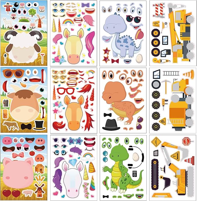 24 Sheets Make a Face Sticker Sheets for Kids Todders Activities, Make Your Own Stickers with Unicorns Dinosaur Construction and Farm Animals for Kids Birthday Party Favor Supplies Craft