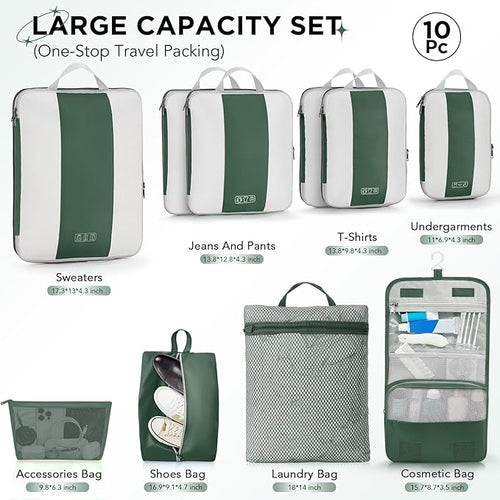 10 Set Compression Packing Cubes for Travel Essentials,Compressible Expandable Packing Cubes for Suitcase,OlarHike Luggage Organizer Bags for Travel,Handy Helper for Organizing Clothes(Dark Green)