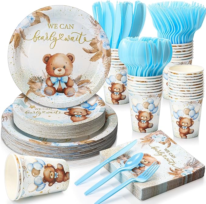 350 Pcs Bear Baby Shower Party Supplies We Can Bearly Wait Paper Plates Napkins Cups and Plastic Cutlery Party Tableware Set for Bear Baby Shower Birthday Decorations, Serves 50