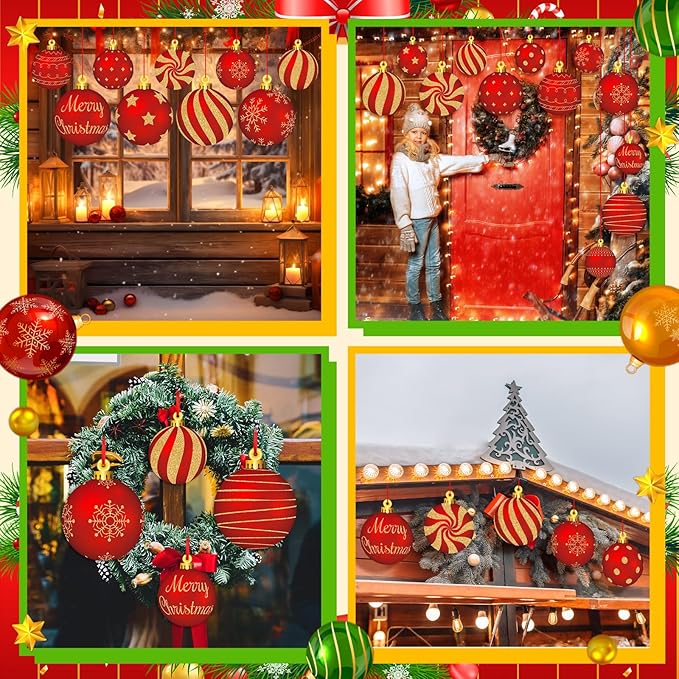 Huwena 24 Pcs Christmas Decorations Outdoor Christmas Hanging Ornaments Peppermint Candy Yard Signs Double Sided Lawn Decorations Peppermint Ornaments for Xmas(Red, Gold)