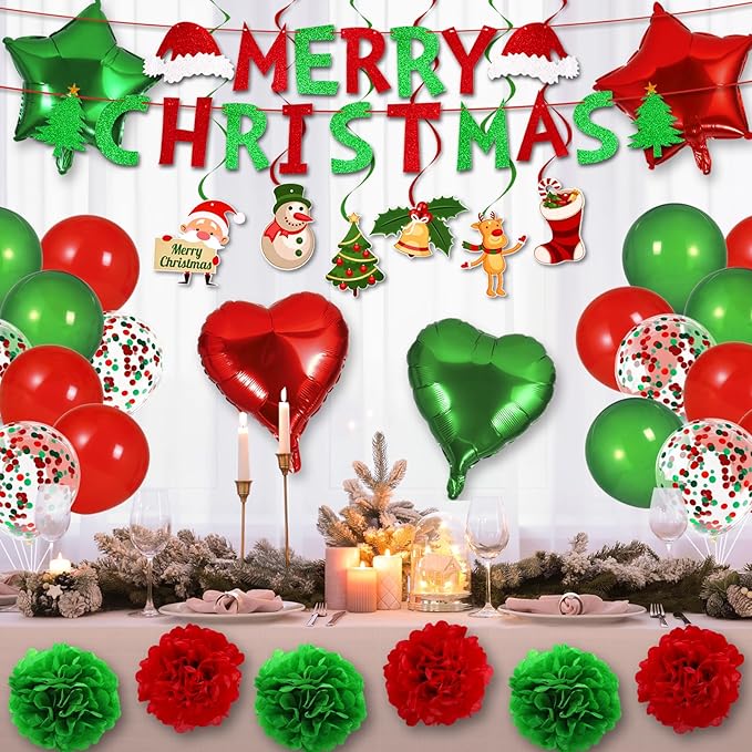 Merry Christmas Party Decorations Set Balloon Garland Arch Kit Balloons Merry Xmas Banner Red Green Foil Fringe Curtain Xmas Birthday Baby Shower Party Balloons Party Props for Photo Supplies