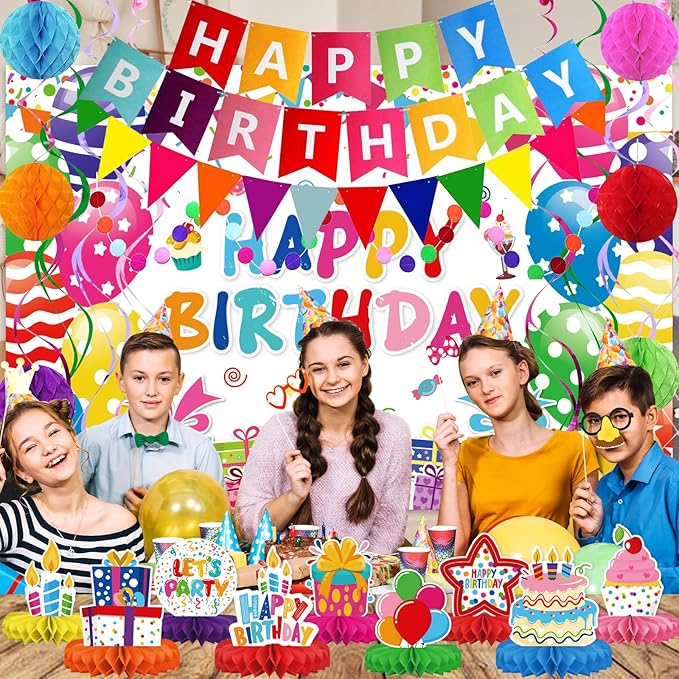Birthday Decorations Kit, Happy Birthday Party Banner, Honeycomb Balls, Metallic Hanging Swirls, Circle Garland, Colorful Party Decorations, Backdrop Cloth, Centerpieces for Tables