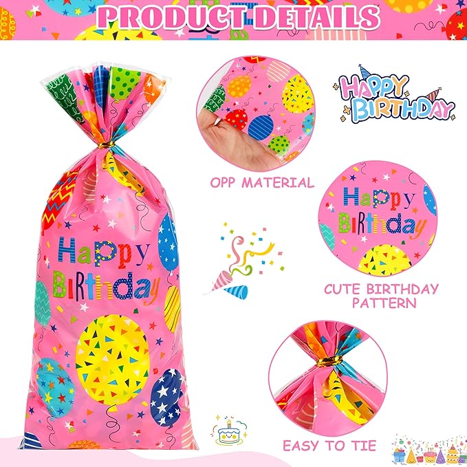 ZYLOP 100PCS Birthday Cellophane Treat Bags - Happy Birthday Goodie Bags with 110 Twist Ties for Kids BDAY Party Favors Wrapping, Packaging Candy Cookies Gifts, 4.9 x10.6 Inch, 4 Colorful Styles