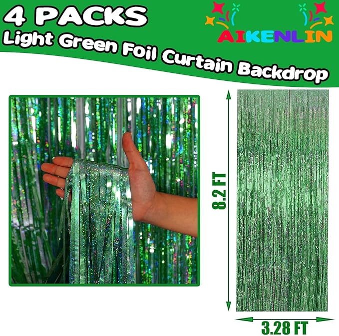 4 Pack 3.2Ft x 8.2Ft Light Green Foil Fringe Curtain Backdrop, Metallic Tinsel Foil Fringe Streamers Curtains for Photo Booth, Birthday, Wedding, Disco, Bachelorette, Christmas Party Decoration