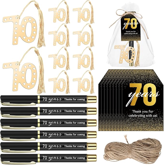 Spakon 25 Set 70th Birthday Party Favor for Guest Anniversary Party Favor Golden Birthday Bookmark Thanks for Coming Pen with Tag Appreciation Gifts for Women Men Wedding New Year