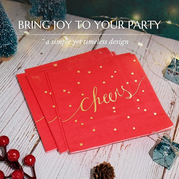 Red & Gold Cocktail Napkins - Disposable, 3 Ply, Paper, Decorative, Christmas, Love Napkins - Pack of 100