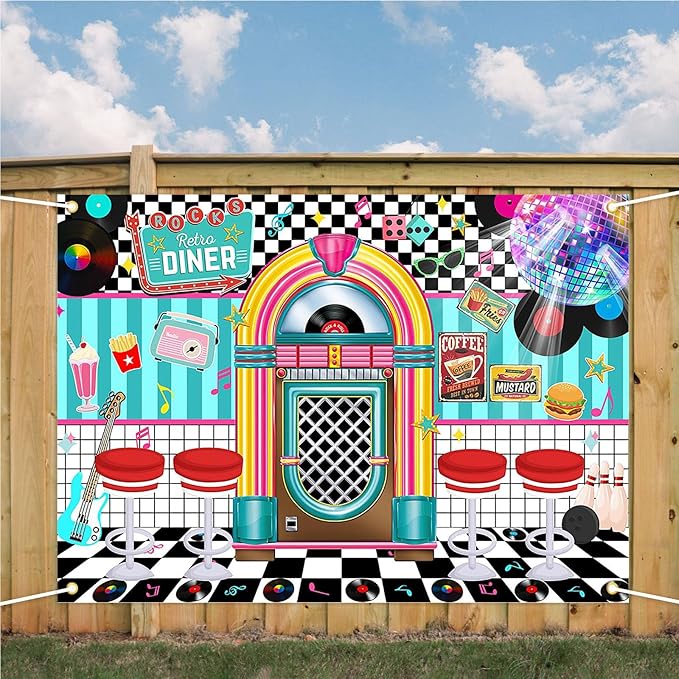 Avezano 50s Retro Diner Party Backdrop 50s Retro Rock and Roll Diner Classic Decoration Banner 1950s Sock Hop Party Decor 84 x 60 Inch
