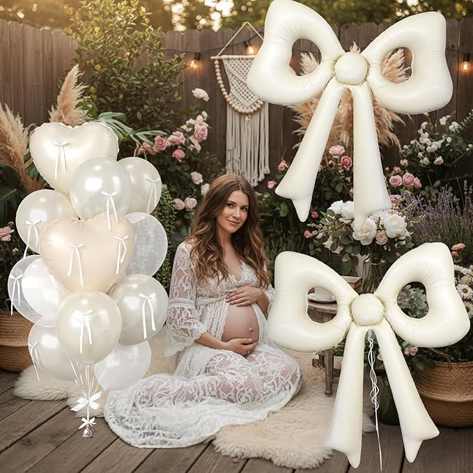 Cream Heart Balloons, 38 Inch Bow Balloons, Double Stuffed Pearl White Balloon with Bow Ribbons for Neutral Birthday Anniversary Wedding Bridal Baby Shower Valentines Day Decorations