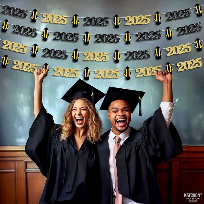 KatchOn, Black and Gold Grad Garland 2025-10 Feet, No DIY | Grad Garland Class of 2025 | Graduation Decorations 2025 | Grad Cap Decor for Graduation Decorations 2025