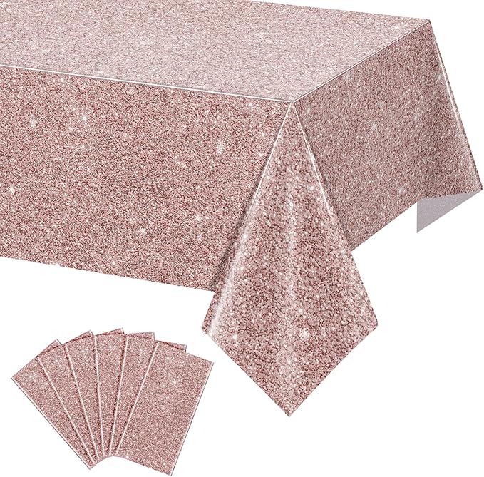 6 Pack Pink Rose Gold Birthday Tablecloth, Rose Gold Glitter Sequin Printed Plastic Table Cloth for Parties, Disposable Rectangle Pink Table Cover for Wedding Baby Shower Birthday Supplies, 54x108Inch