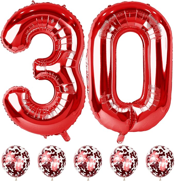 Red 30 Birthday Balloon Numbers, 40 Inch Big Foil Mylar Number 3 and 0 Balloons with Red Confetti Latex Helium Balloons Set for Men Women 30th 3rd Birthday Anniversary Party Decorations Supplies