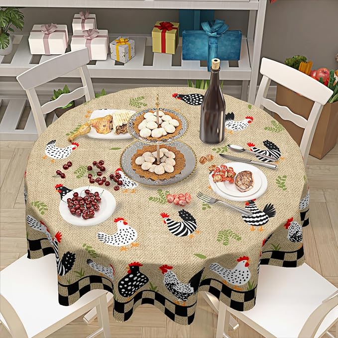 Rooster Round Tablecloth 60 Inch Chicken Farmhouse Circle Table Cloth Rustic Vintage Table Cover Washable Polyester Decorations for Holiday Home Kitchen Dinning Party