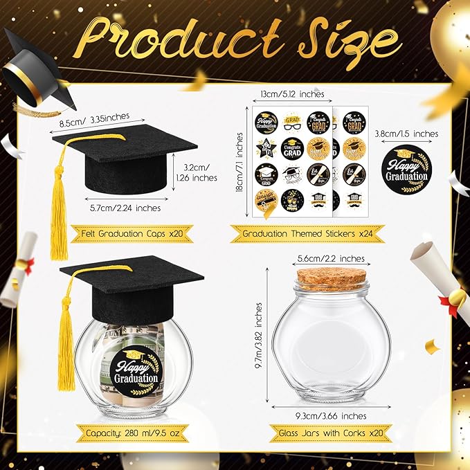 20 Sets Glass Graduation Cap Candy Jars Class of 2026 Graduation Party Decorations Candy Boxes Containers with Sticker for 2026 Grad Ceremony Party Supplies DIY(Black and Gold)