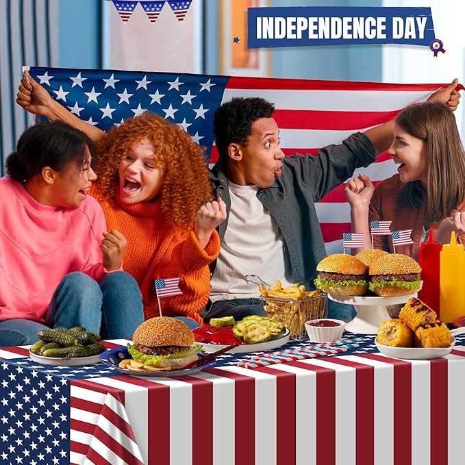 OHOME 4th of July Decorations - Patriotic American Flag Plastic Tablecloth for 250 America Anniversary USA | Fourth of July Accessories for Home Outdoor Outside Party Favors,54"x108",2 Pack