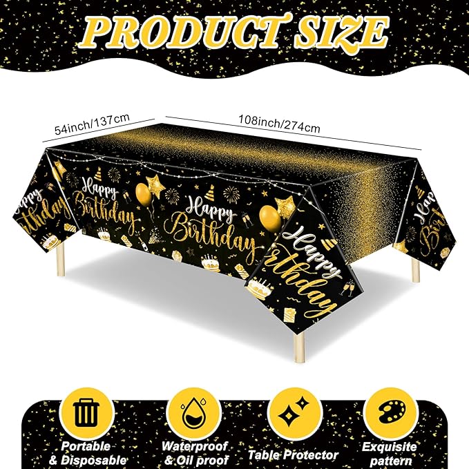 Tudomro 6 Pcs Happy Birthday Tablecloths Happy Birthday Party Decorations Plastic Table Cover Rectangular Cloths for Women Men Baby Shower Party Supplies, 108 x 54 Inch (Black Gold)