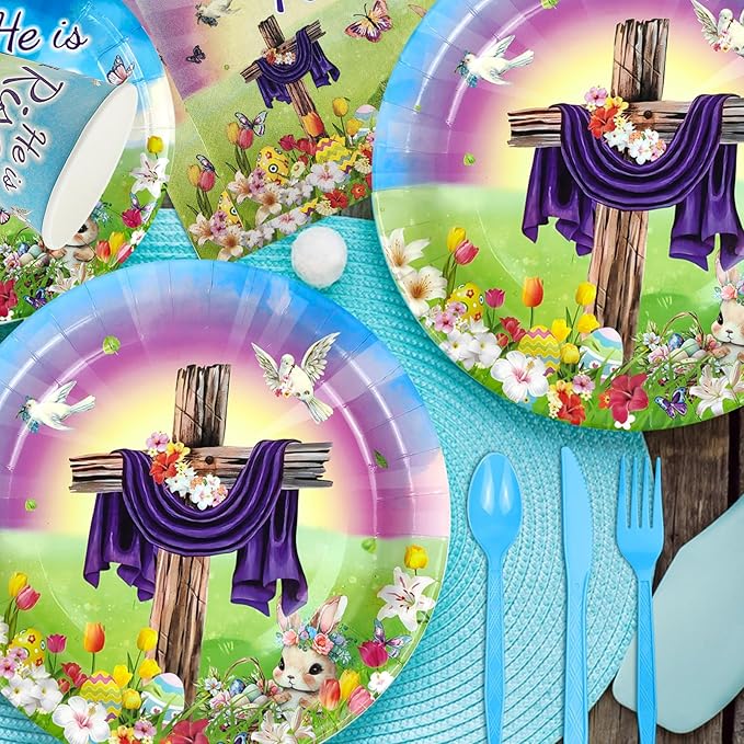 Easter He is Risen Party Tableware Set for 24 Guests Including Dinner Dessert Plates, Lunch Napkins, Cups, Knife, Fork and Spoon for Easter Party Celebration Supplies Decorations
