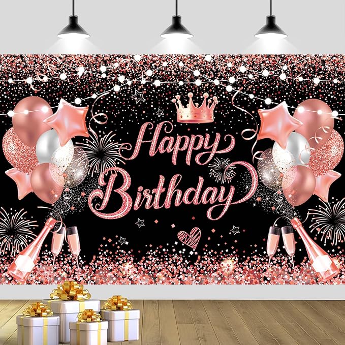 YinQin 180x120 cm Glitter Rose Golden Happy Birthday Party Backdrops Cloth 71x47 inch Pink Golden Bday Photography Backgrounds Black Rose Gold Happy Birthday Sign Banner Decorations for Girl Women
