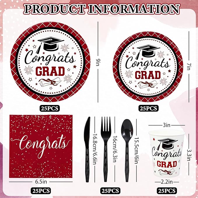 Whaline 175 Pcs Graduation Paper Plates and Napkins Set Dinnerware Maroon Congrats Grad Disposable Tableware Cups and Cutlery for 25 Guests Graduates Party Supplies