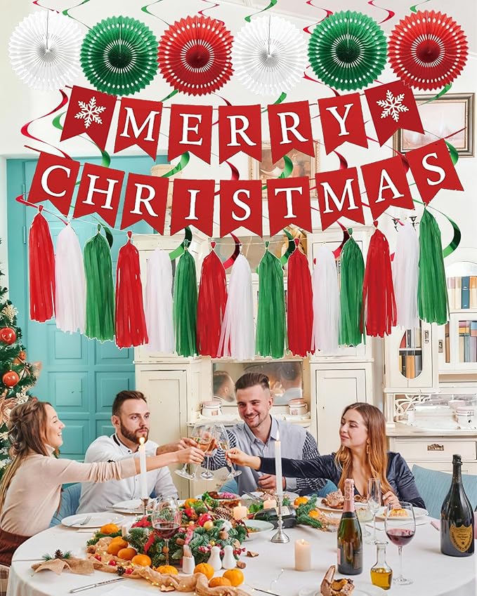 Christmas Party Decorations Set – Merry Christmas Banner, Red Green White Tassel Garland, Paper Fans & Hanging Swirl Ornaments with Xmas Cutouts – Holiday Christmas Decorations for Home, Office, School