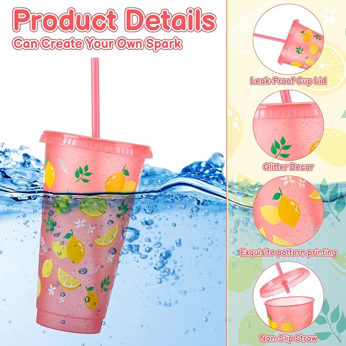 12 Pcs Lemon Cups with Lids and Straws, 24 OZ Reusable Drinking Cups Bulk for Summer Fruit Party Birthday Baby Shower Supplies