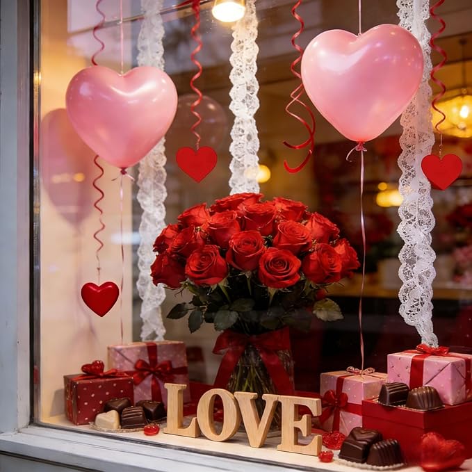 Red Heart Party Streamers Set, 20 PCS Single & Double Swirl Decorations with Foil Hearts - 35.5 Inch Hanging Decor for Valentine's Day, Weddings & Anniversary Parties