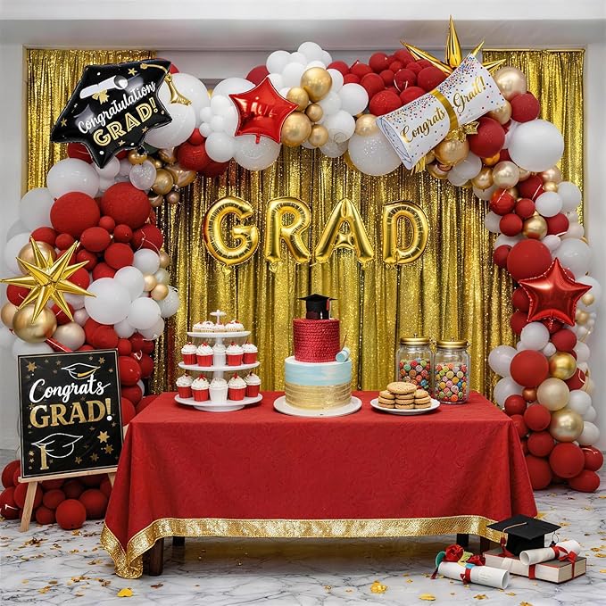 Red Graduation Balloons Garland Arch Kit, 115 PCS Red Gold White Graduation Star Print Cap Certificate Grad Foil Balloons with Gold Explosion Star Balloon for Graduate Class of 2026 Prom Party Decor
