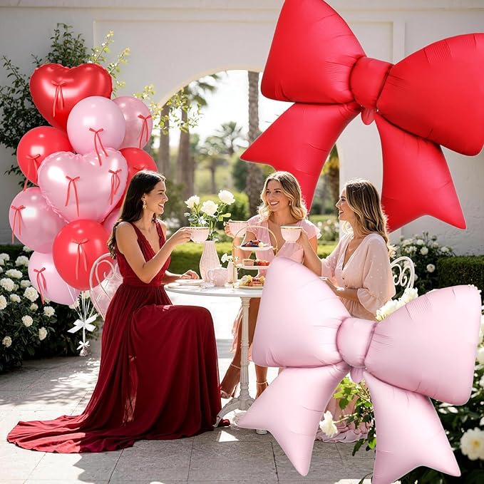 Paready Red Heart Balloons, 38 Inch Pink Bow Balloons, Pearl Pink Red Valentine Balloon Latex and Bow Heart Shaped Foil Balloon for Girls Birthday Bridal Baby Shower Valentines Decorations
