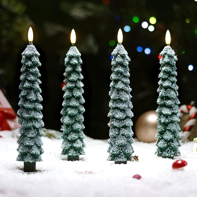 4 PCS Flameless Christmas Tree Candles with Remote, Snow Covered Real Wax Flameless Taper Candles 9.65 Inch, LED Candlesticks Battery Operated with 3D Flickering Flame, Christmas Candles Decor