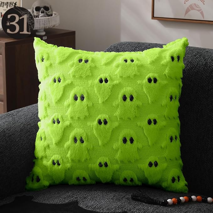DFXSZ Halloween Pillow Covers 20x20 inch Set of 2 Green Ghost Throw Pillow Cases Soft Plush Faux Fur Wool Couch Cushion Case for Chair Sofa Bedroom Living Room Home Decor PTK03Y20