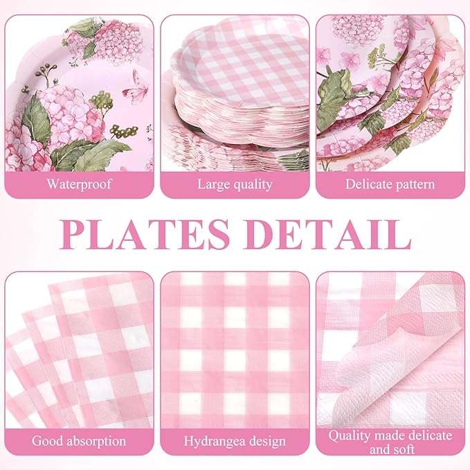 Pickmesh 250 Pcs Pink Hydrangea Party Supplies Pink Floral Gingham Checkered Paper Plates Napkins and Cups Hydrangea Disposable Tableware Set for Summer Wedding Birthday Tea Party Decorations Serve 50