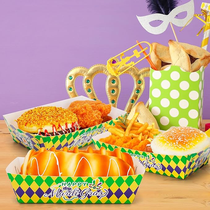 50 PCS Mardi Gras Paper Trays, 5.94" Mardi Gras Decorations Disposable Paper Boat, Purple Gold Green Plaid Stripe Food Trays Snack Trays Food Boats, Fat Tuesday Decorations for Tacos Hot Dog