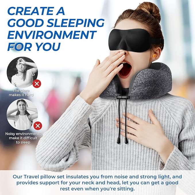 ExploreBliss Travel Pillow, 2 Pack Travel Pillows for Sleeping Airplane, Neck Pillow Airplane, Memory Foam Neck Pillow Set with Eye Mask, Earplugs and Storage Bag -Grey & Light Grey