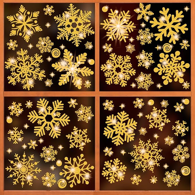 Gold Glitter Snowflake Window Clings 147PCS Sparkling Window Snowflakes Winter Wonderland Decorations for Home Office Christmas Party(Glitter Gold)