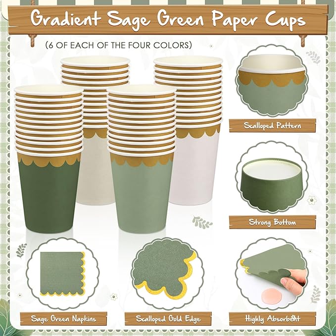 Mimorou 169 Pcs Sage Green Plates and Napkins Party Supplies for Guests Sage Green Tableware Include Scalloped Plates Paper Napkin Cup Spoon Fork Knife for Baby Shower, Wedding, Birthday
